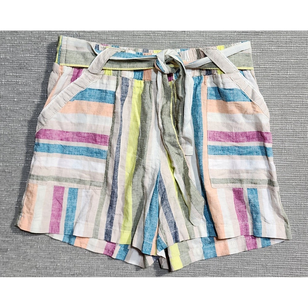 Cato Womens Small Multi Color Striped Linen Blend Tie Waist Shorts Pockets